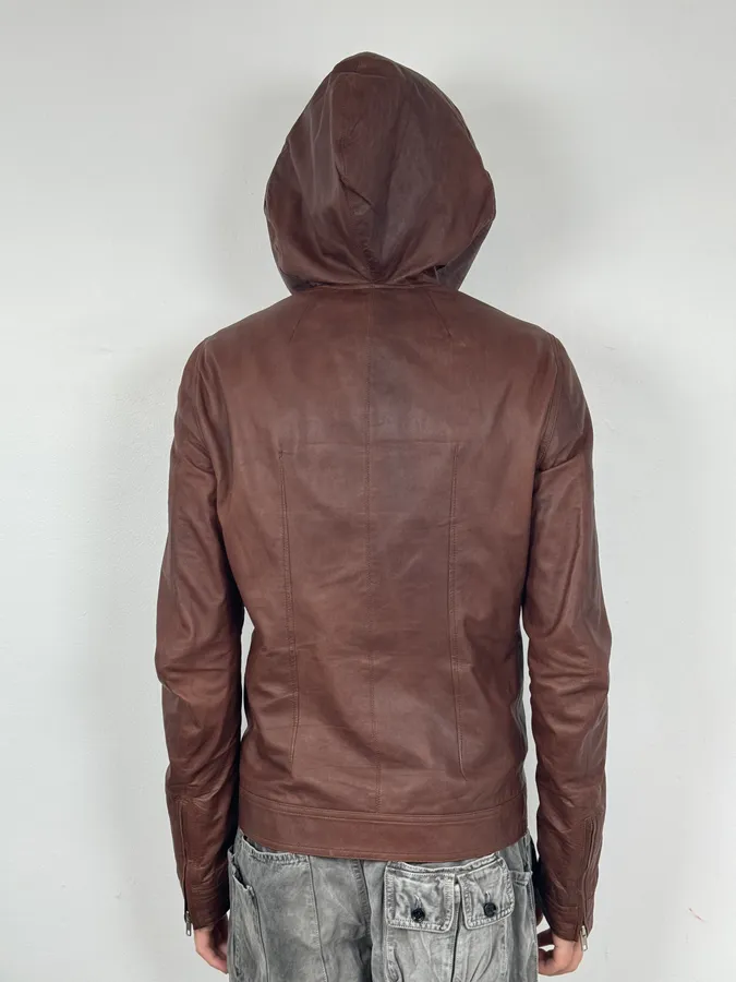 SS2014 Rick Owens Brown Avant-Garde Hooded Leather Jacket - Image 3