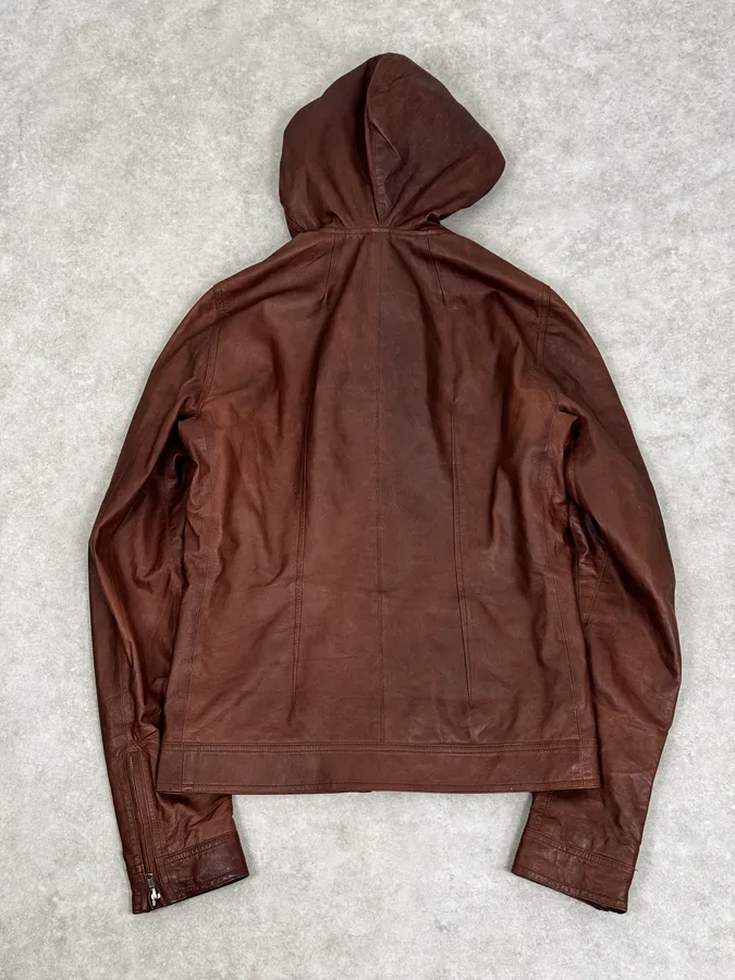 SS2014 Rick Owens Brown Avant-Garde Hooded Leather Jacket - Image 4