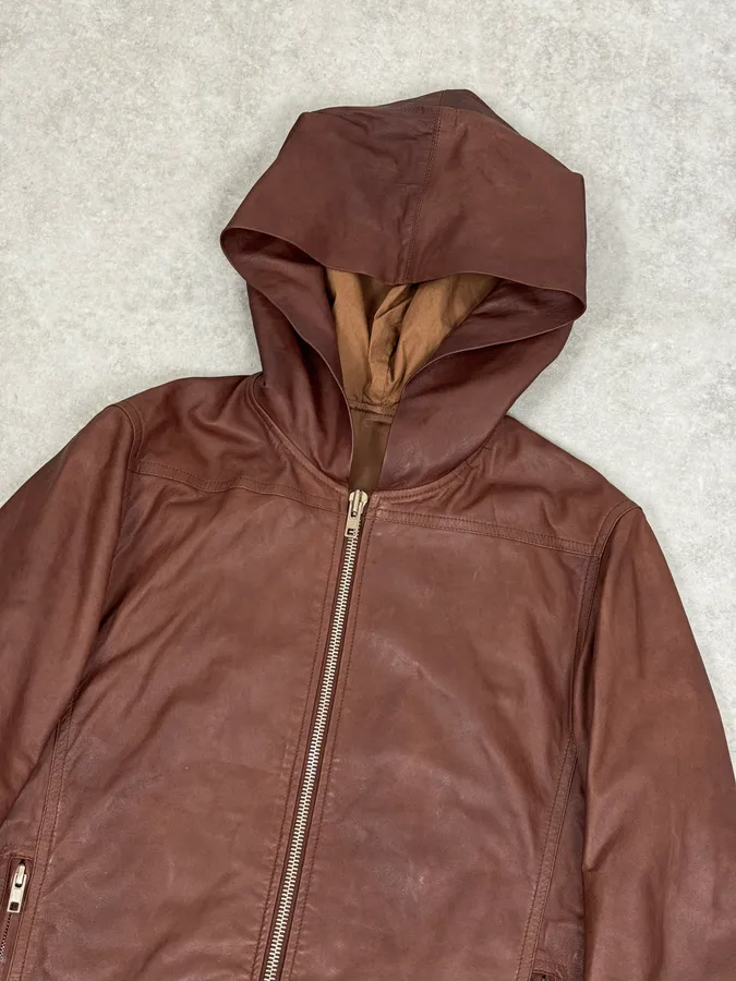 SS2014 Rick Owens Brown Avant-Garde Hooded Leather Jacket - Image 5