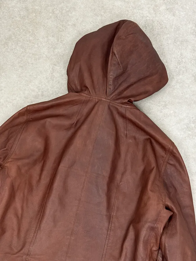 SS2014 Rick Owens Brown Avant-Garde Hooded Leather Jacket - Image 6