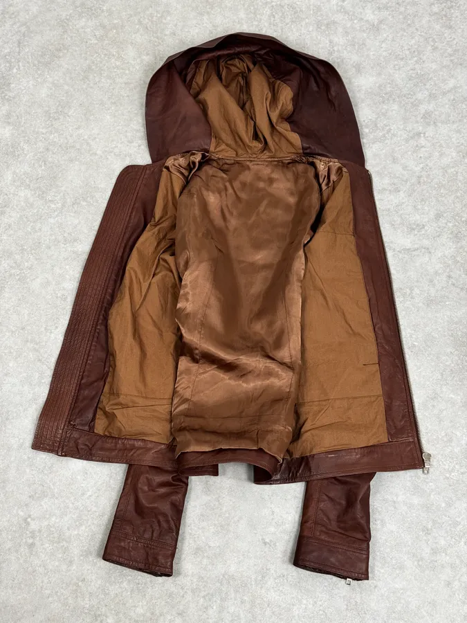SS2014 Rick Owens Brown Avant-Garde Hooded Leather Jacket - Image 7