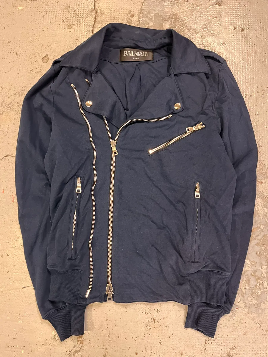 SS2015 Balmain Navy Blue Asymmetrical Biker Jacket - Image 4