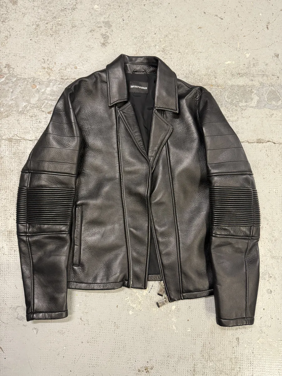 SS2015 Emporio Armani Black Asymmetrical Biker Leather Jacket - Image 10