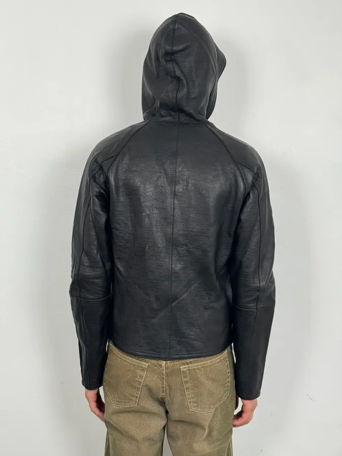 SS2015 Emporio Armani Black Leather Hooded Jacket - Image 4