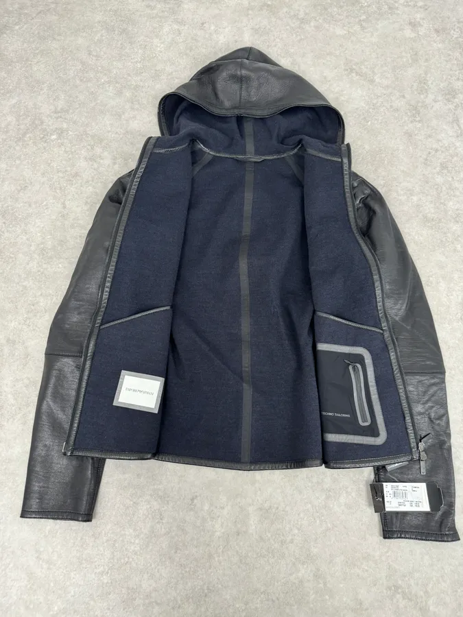 SS2015 Emporio Armani Black Leather Hooded Jacket - Image 7