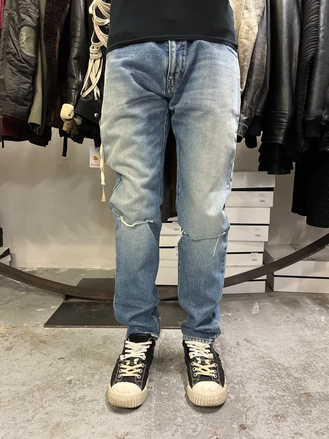 SS2015 Saint Laurent Blue Faded Distressed Slim Denim Jeans - Image 2