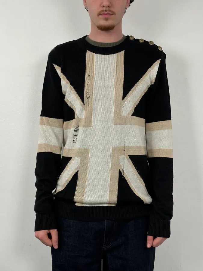 SS2016 Balmain Black Union Jack Wool Distressed Sweater - Image 2