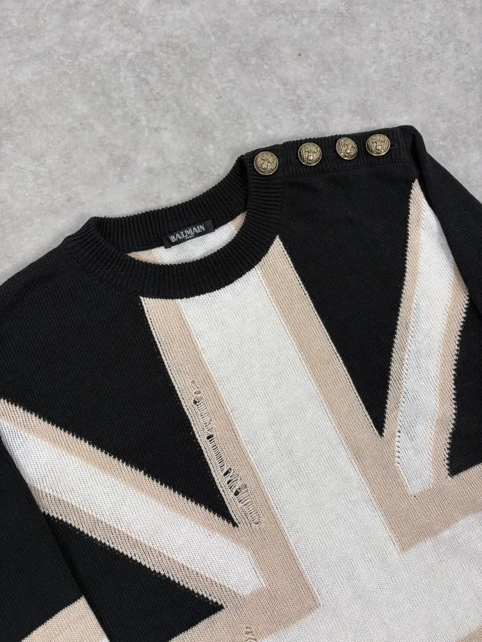 SS2016 Balmain Black Union Jack Wool Distressed Sweater - Image 5