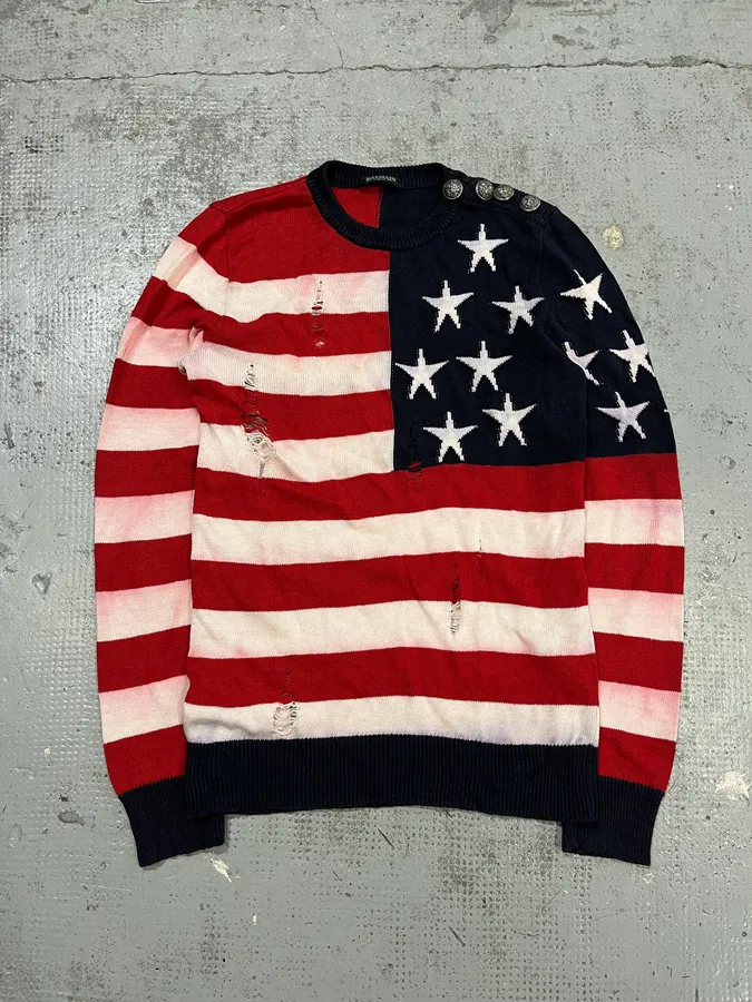 SS2016 Balmain USA Flag Distressed Buttoned Sweater