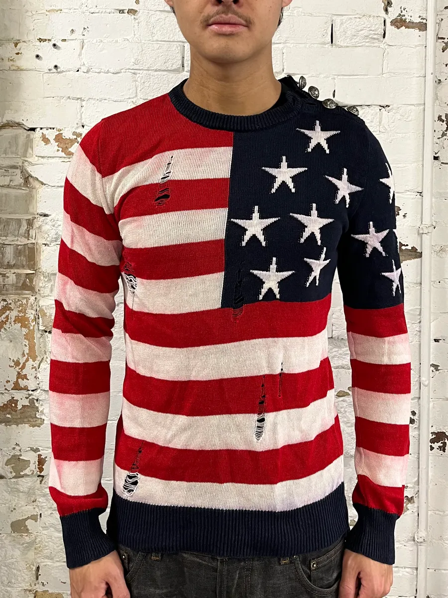 SS2016 Balmain USA Flag Distressed Buttoned Sweater - Image 2