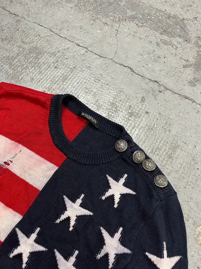 SS2016 Balmain USA Flag Distressed Buttoned Sweater - Image 5