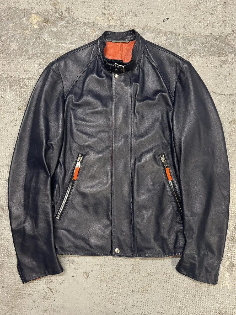 SS2016 Dior Homme Navy Leather Orange Lining Jacket