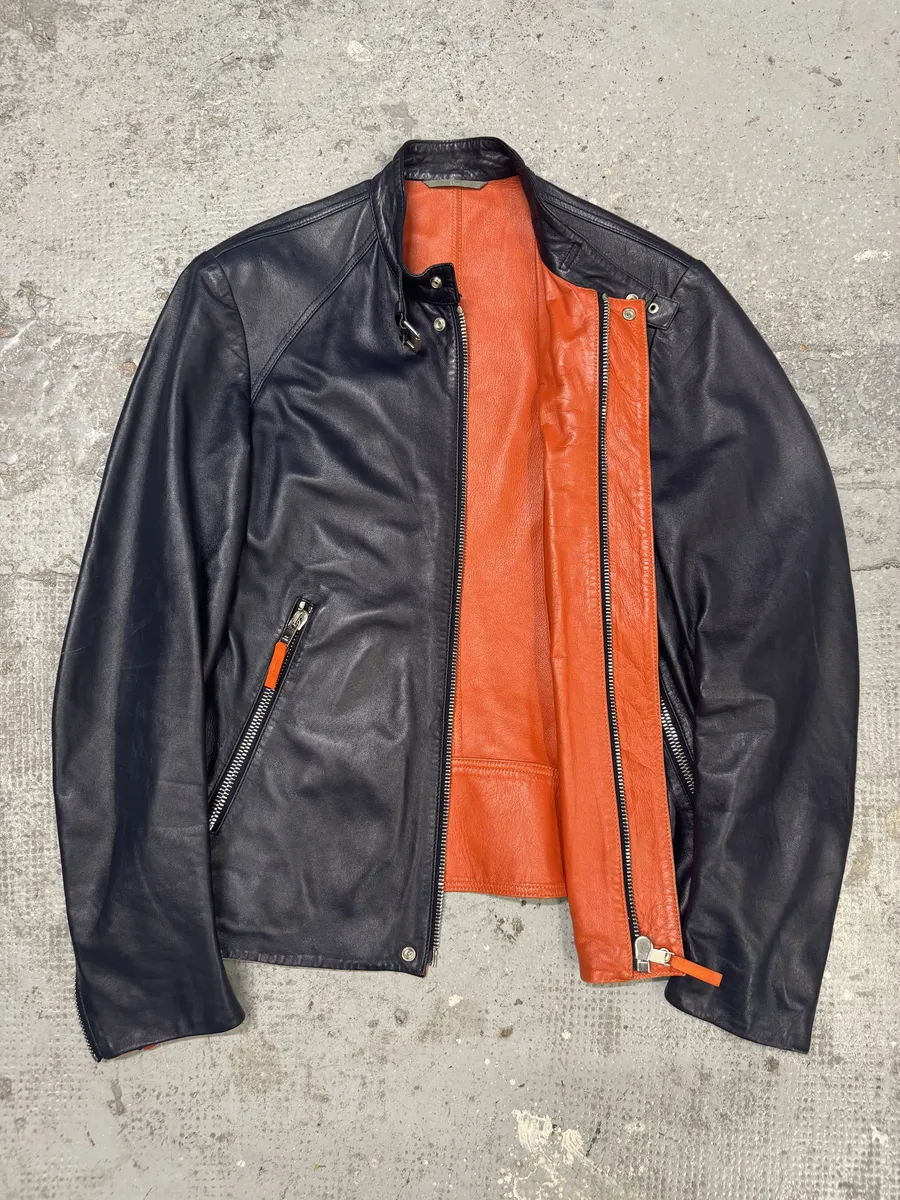 SS2016 Dior Homme Navy Leather Orange Lining Jacket - Image 2