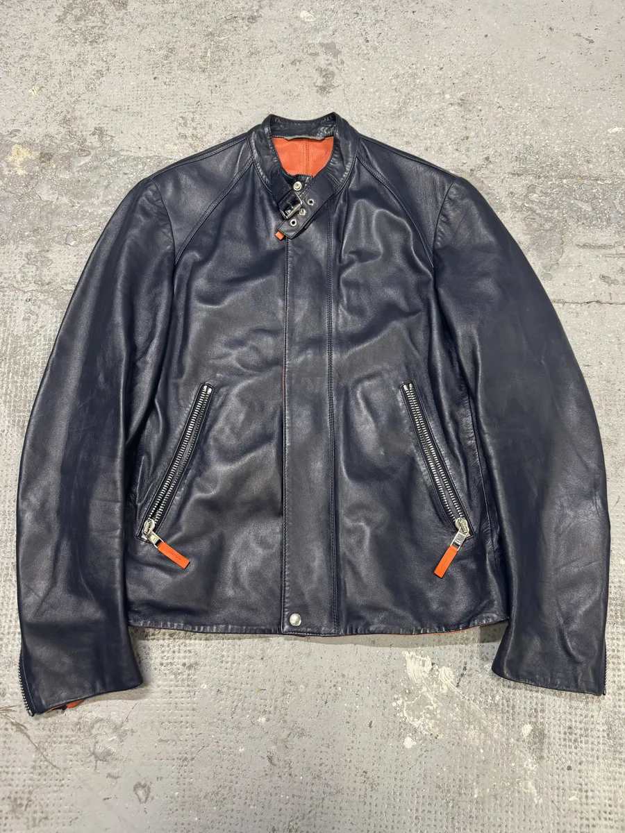 SS2016 Dior Homme Navy Leather Orange Lining Jacket - Image 6
