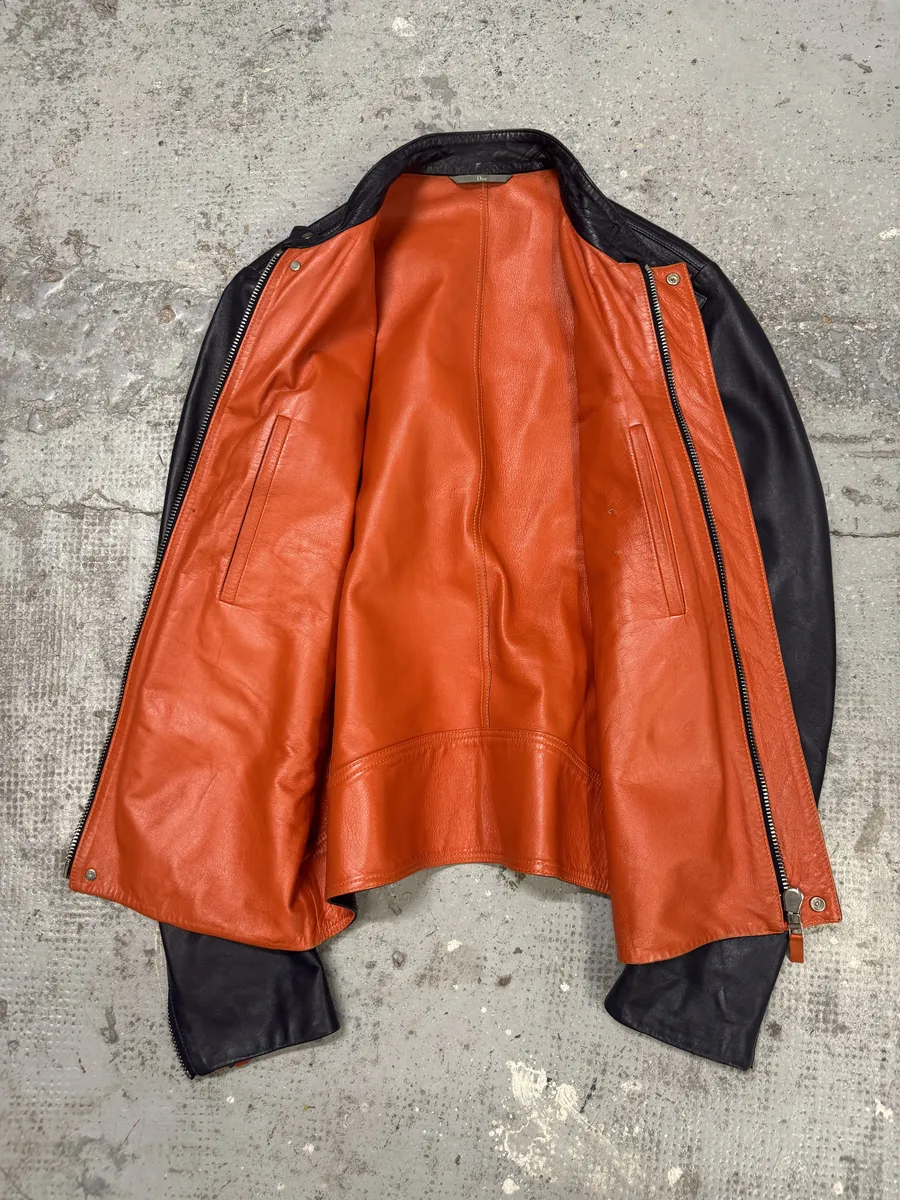 SS2016 Dior Homme Navy Leather Orange Lining Jacket - Image 7
