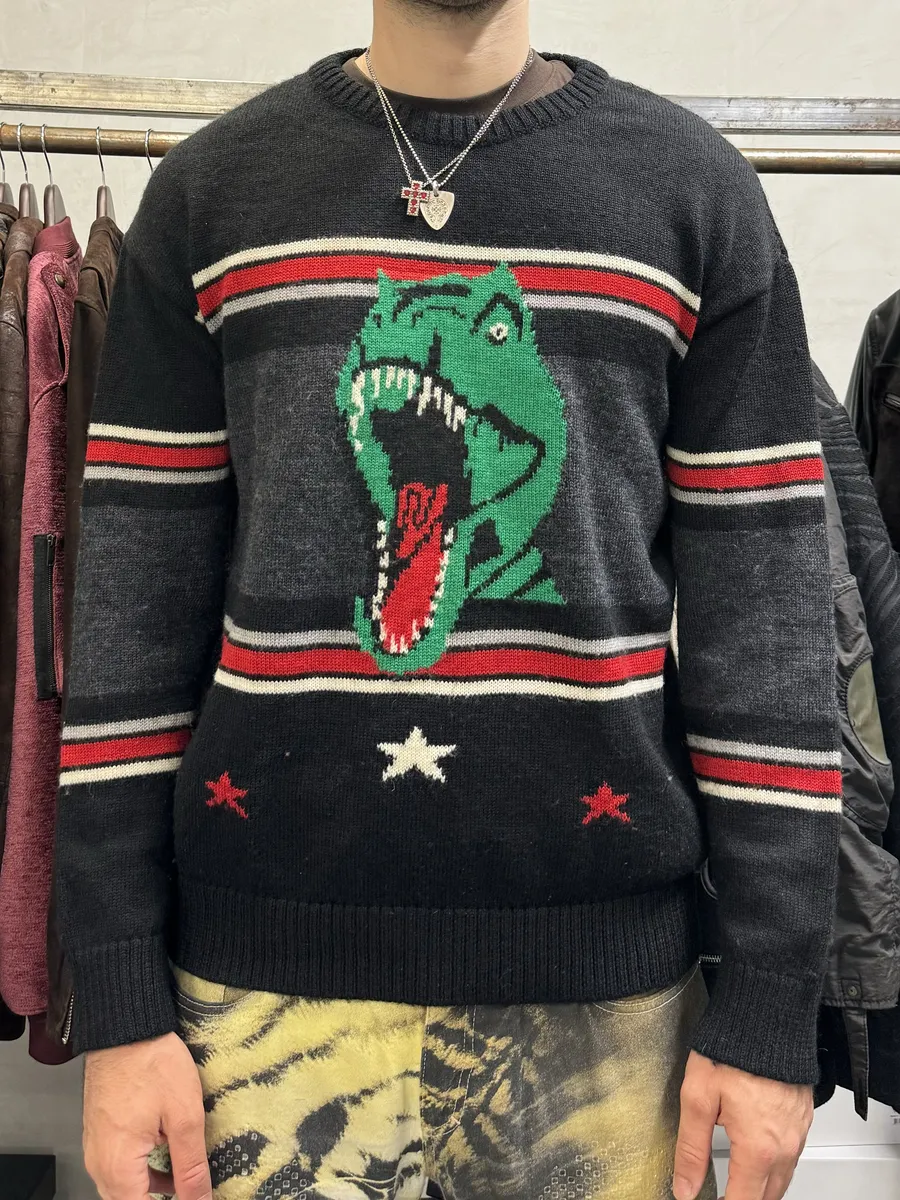 SS2016 Saint Laurent Black & Grey Wool Dinosaur Sweater - Image 3