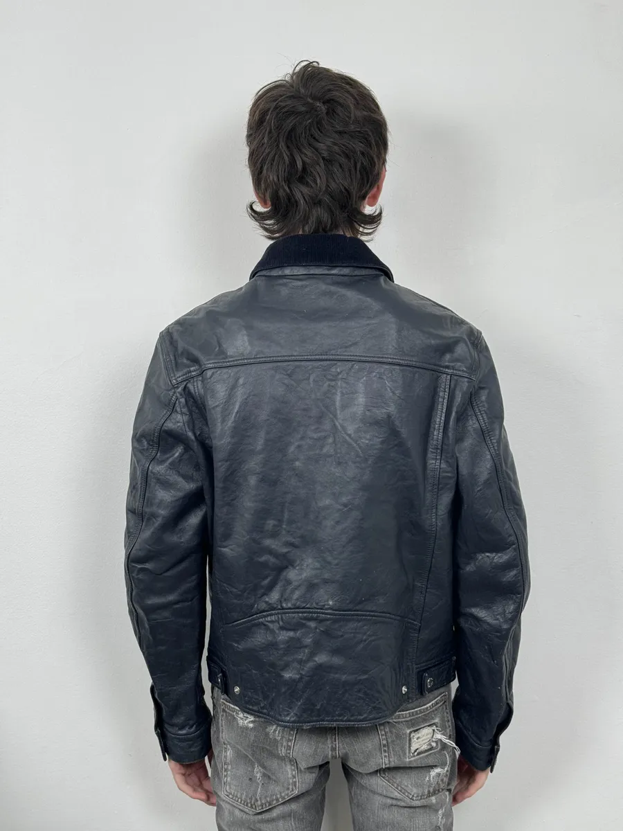 SS2017 Acne Studios Arno Velvet Collar Navy Leather Jacket - Image 3