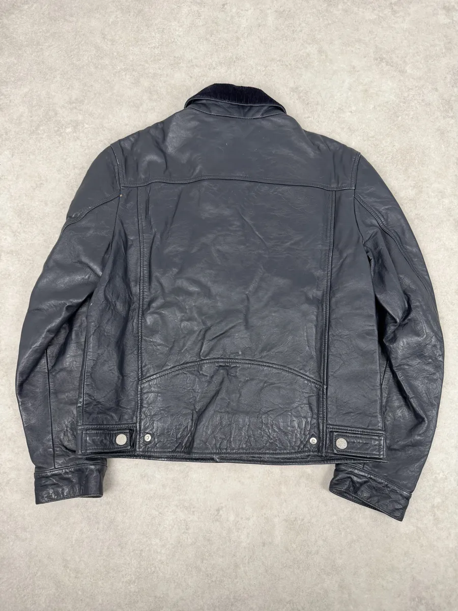 SS2017 Acne Studios Arno Velvet Collar Navy Leather Jacket - Image 4