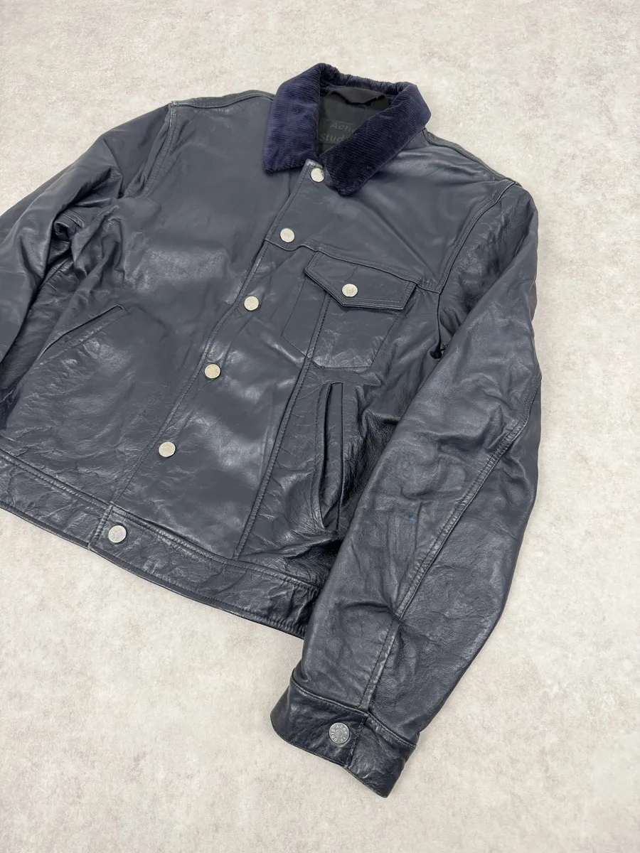 SS2017 Acne Studios Arno Velvet Collar Navy Leather Jacket - Image 5