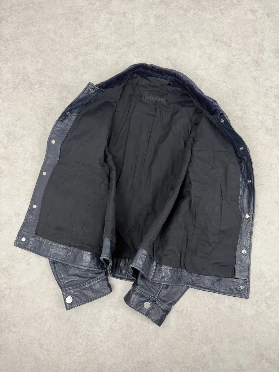 SS2017 Acne Studios Arno Velvet Collar Navy Leather Jacket - Image 7