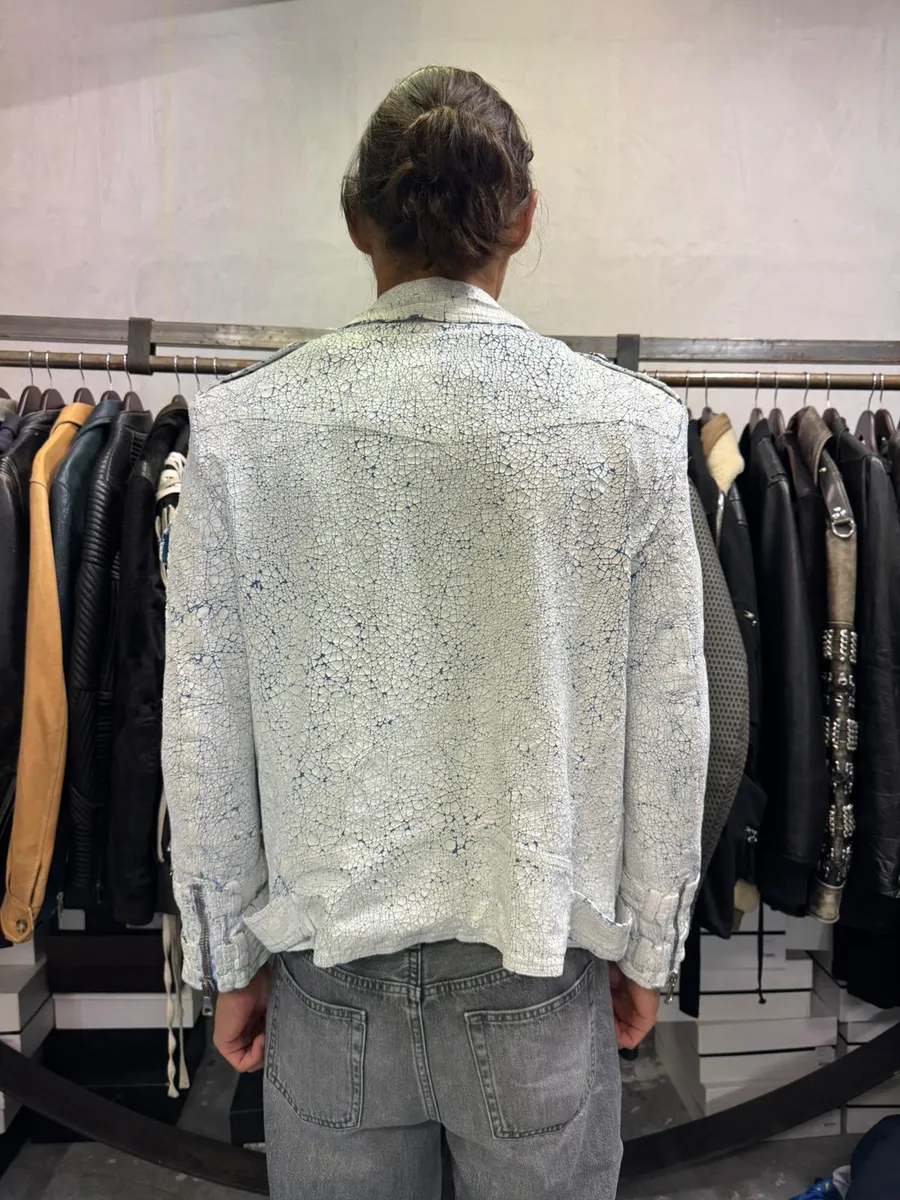 SS2017 Balmain Biker White Painted Blue Perfecto Jacket - Image 3