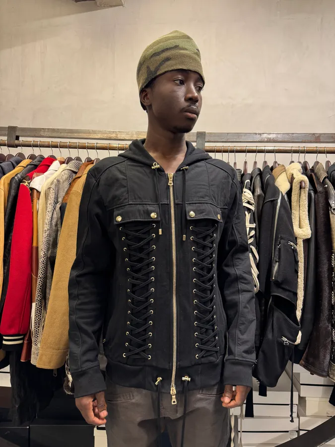 SS2017 Balmain Black Laced Biker Zip-up Hoodie