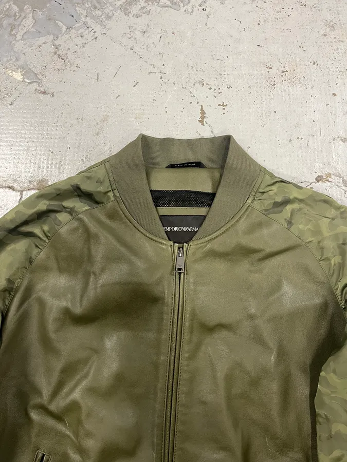 SS2017 Emporio Armani Camo Sleeves Green Leather Bomber Jacket - Image 4