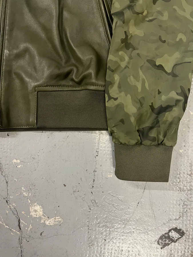 SS2017 Emporio Armani Camo Sleeves Green Leather Bomber Jacket - Image 5