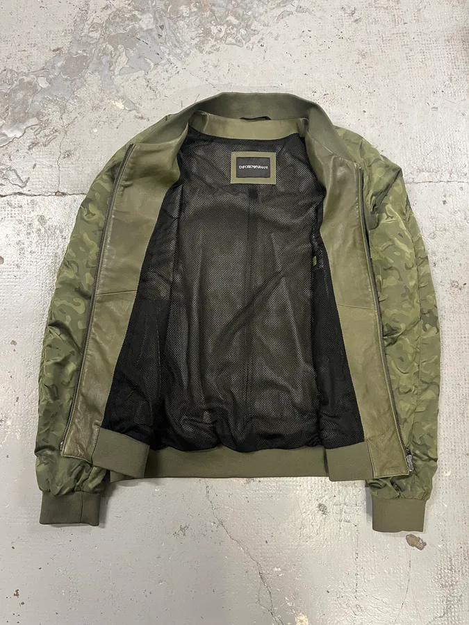 SS2017 Emporio Armani Camo Sleeves Green Leather Bomber Jacket - Image 7