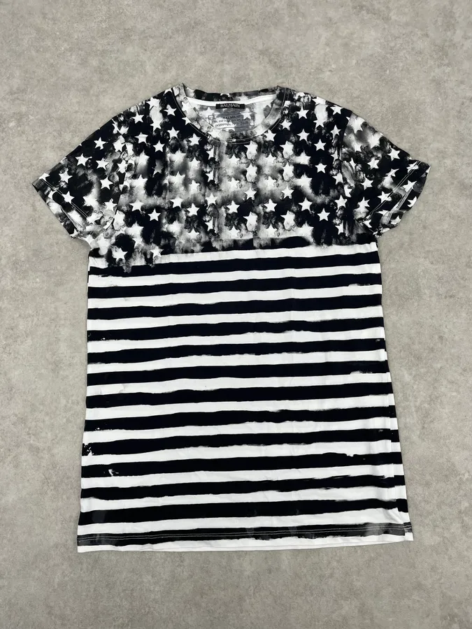 SS2018 Balmain Black & White USA Distressed Star Striped T-Shirt