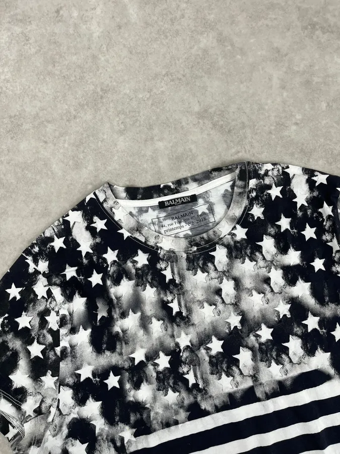 SS2018 Balmain Black & White USA Distressed Star Striped T-Shirt - Image 4