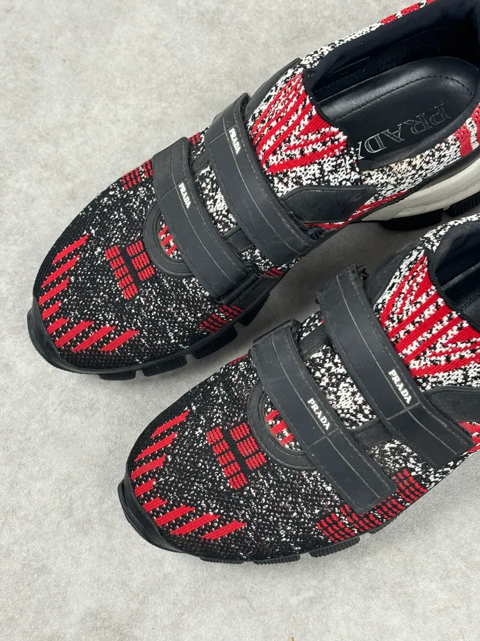 SS2018 Prada Red Black Knit Jacquard Low-Top Sneakers - Image 7