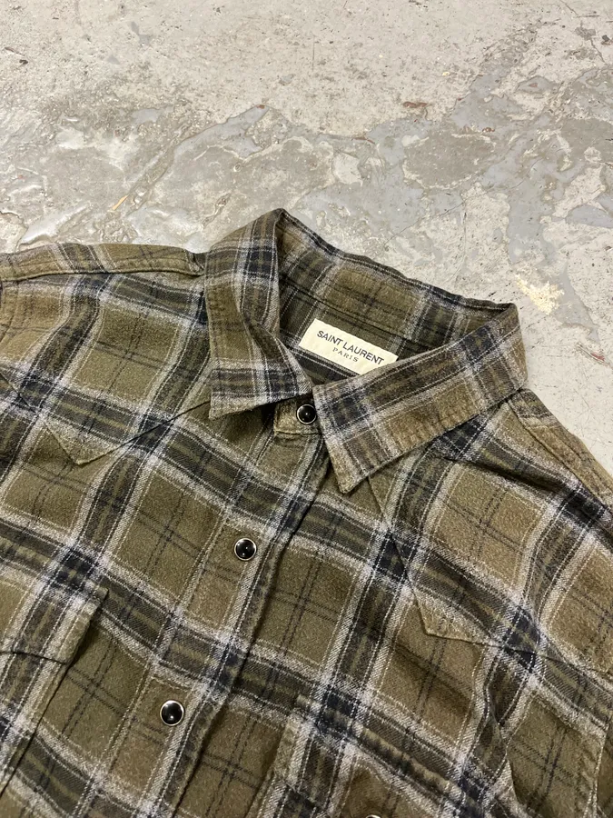 SS2018 Saint Laurent Khaki Green Tartan Shirt - Image 5