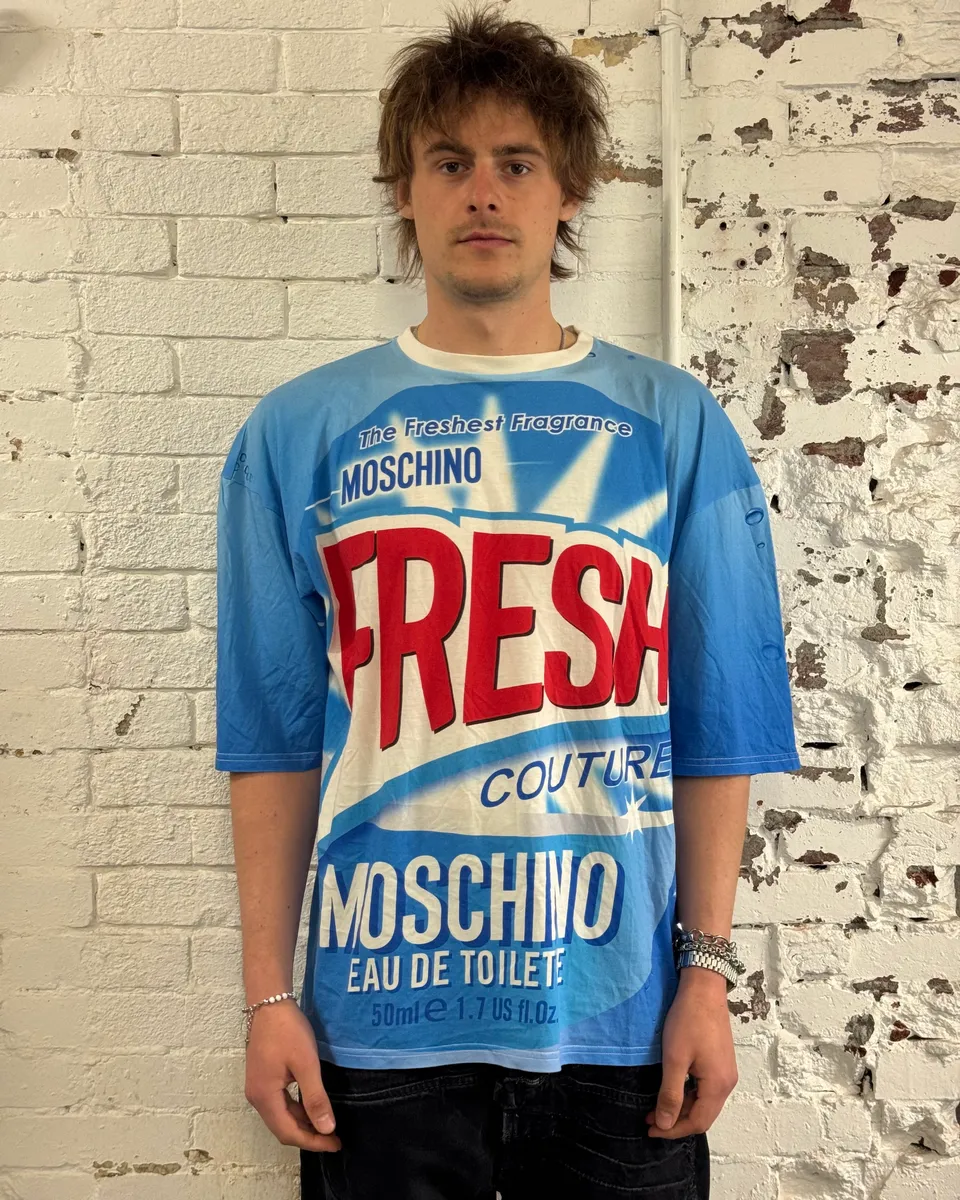 SS2019 Moschino Blue Fresh Fragrance Bottle T-Shirt - Image 2