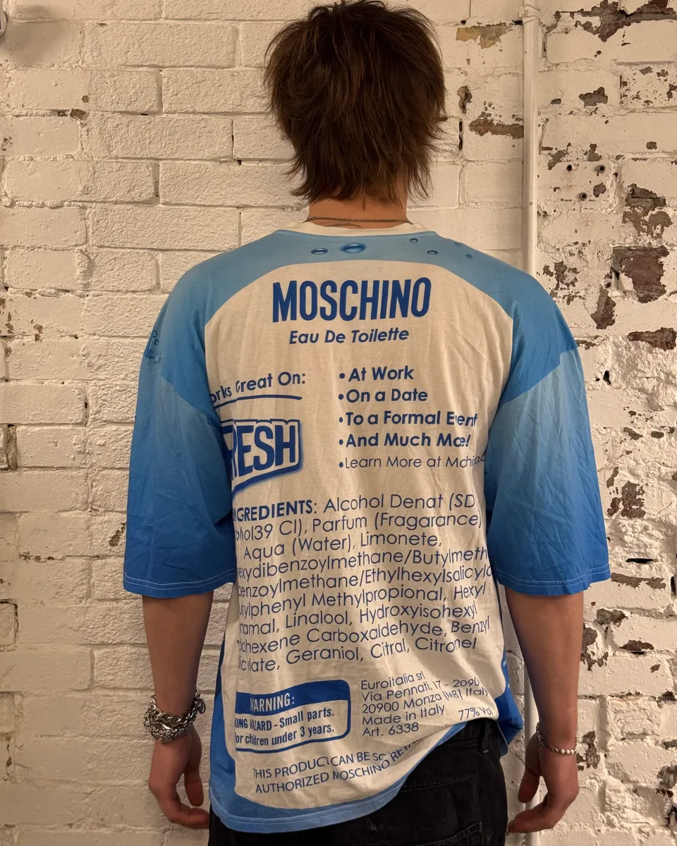 SS2019 Moschino Blue Fresh Fragrance Bottle T-Shirt - Image 3