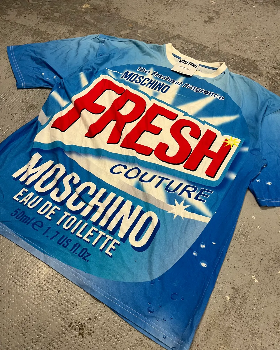 SS2019 Moschino Blue Fresh Fragrance Bottle T-Shirt - Image 4