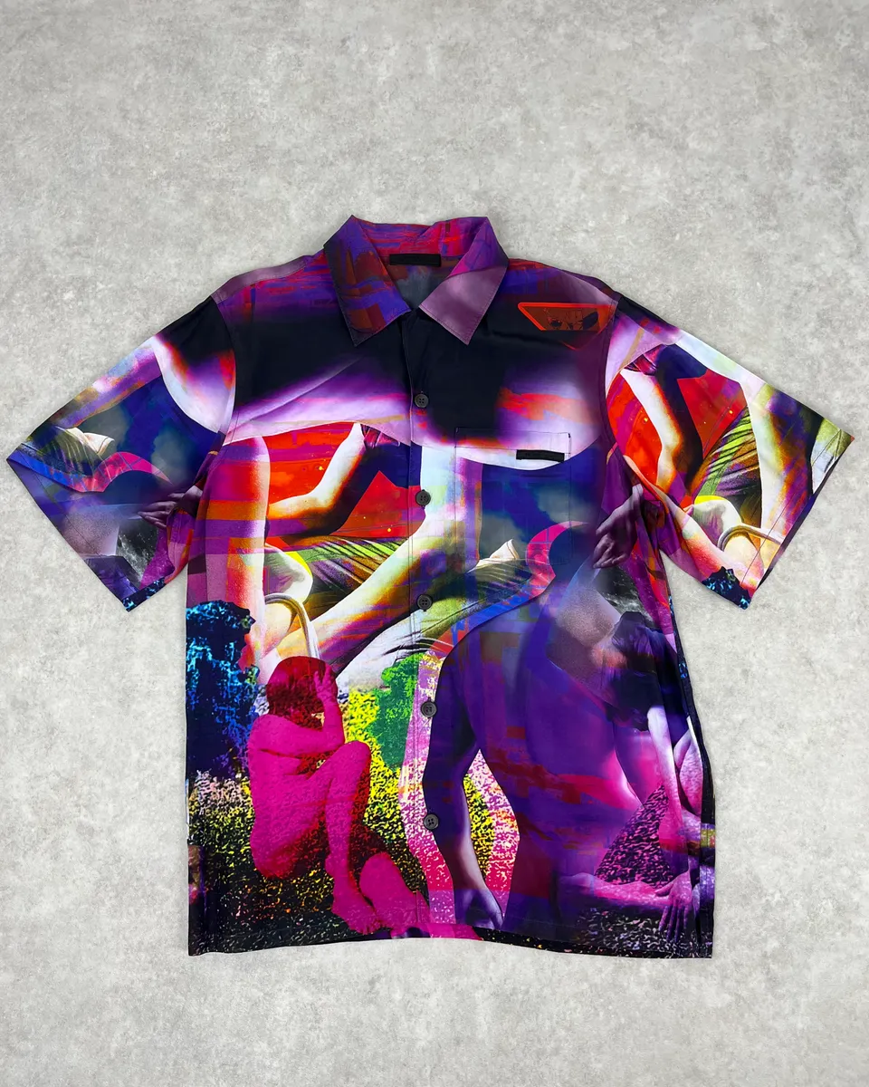 SS2019 Prada Psychedelic Amethyst Silk Bowling Shirt