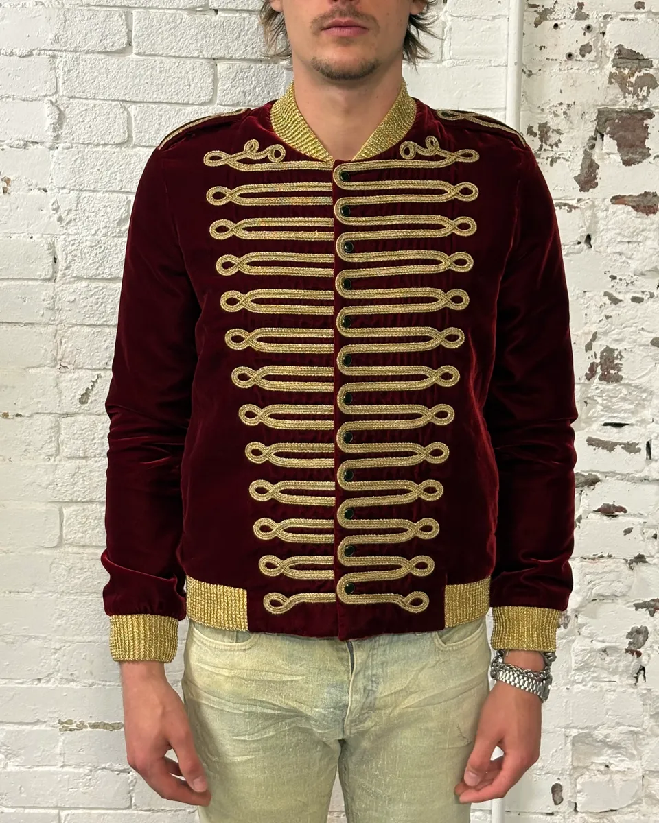 SS2019 Saint Laurent Bordeaux Velvet Gold Napoleon Officer Jacket - Image 2