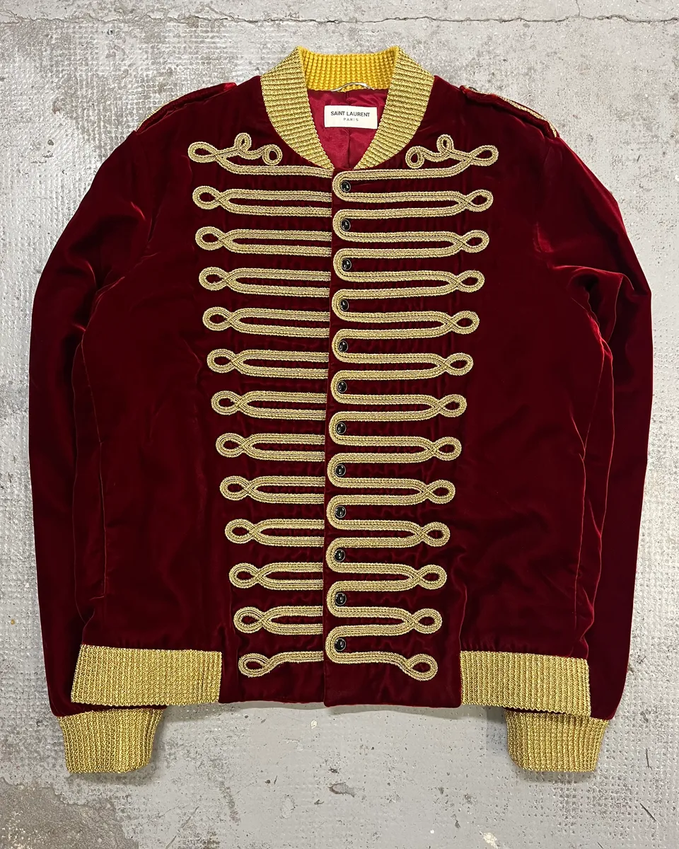 SS2019 Saint Laurent Bordeaux Velvet Gold Napoleon Officer Jacket - Image 5