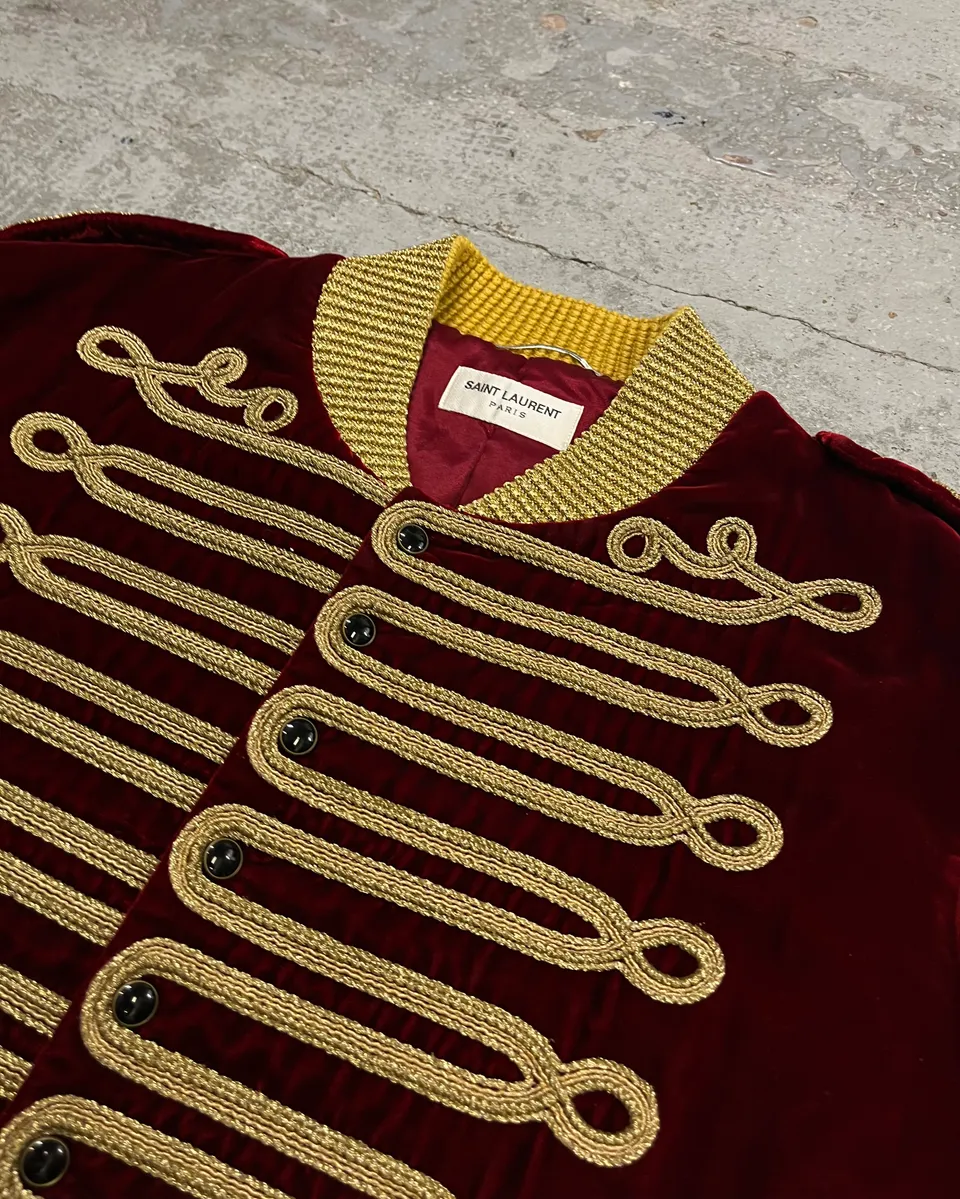 SS2019 Saint Laurent Bordeaux Velvet Gold Napoleon Officer Jacket - Image 6