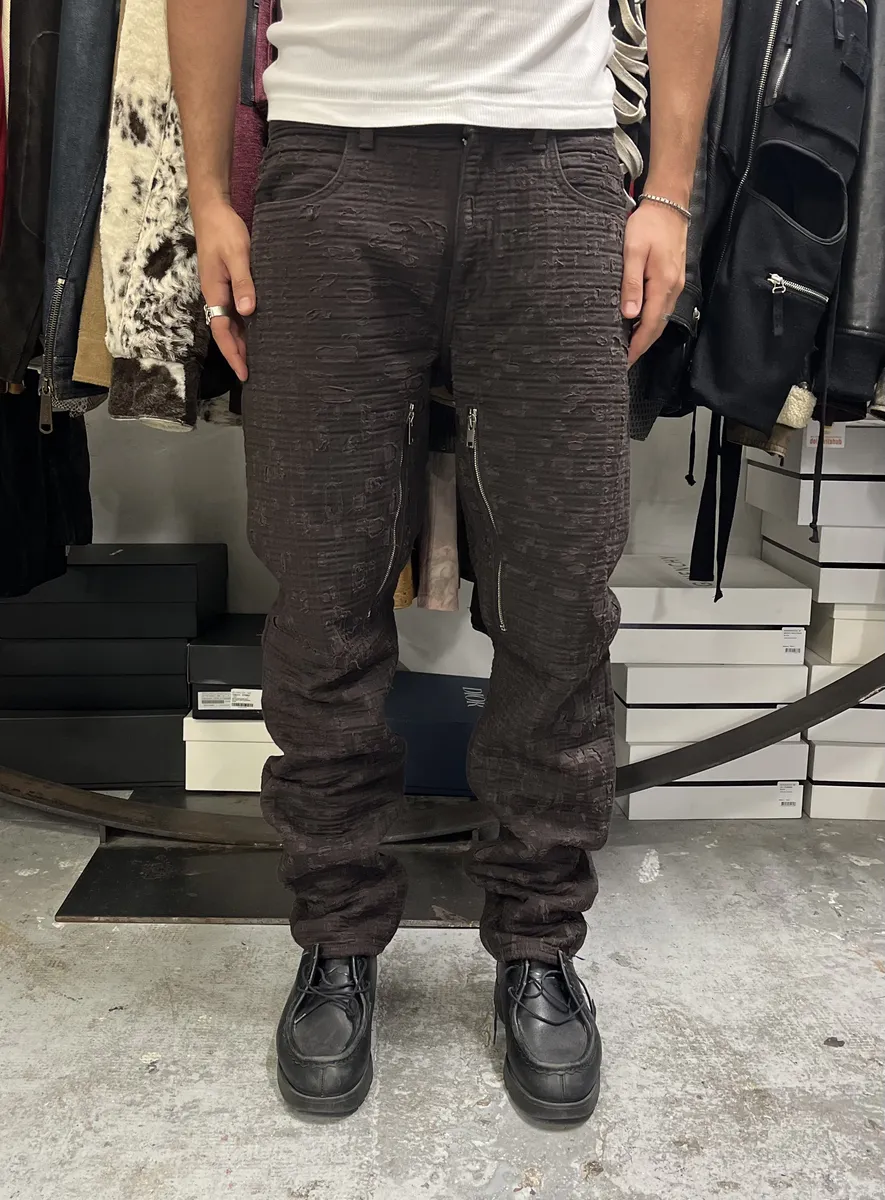 SS2021 Givenchy Brown 2 Zips Distressed Biker Pants - Image 3