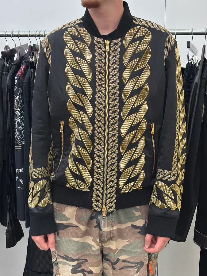 SS2022 Balmain Black Nylon Gold Studded Bomber Jacket - Image 2