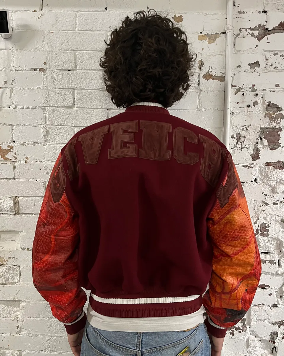 SS2022 Givenchy Josh Smith Demon Abstract Paint Orange Teddy Bomber Jacket - Image 3