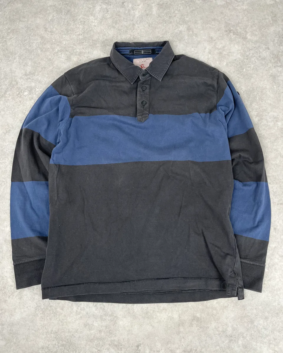 Stone Island Dark Grey & Navy Longsleeve Striped Polo