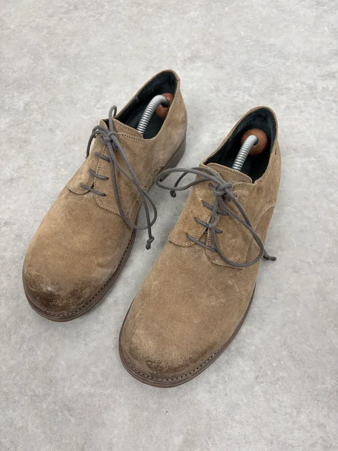 The Last Conspiracy Beige Suede Leather Eroded Derby Shoes - Image 3