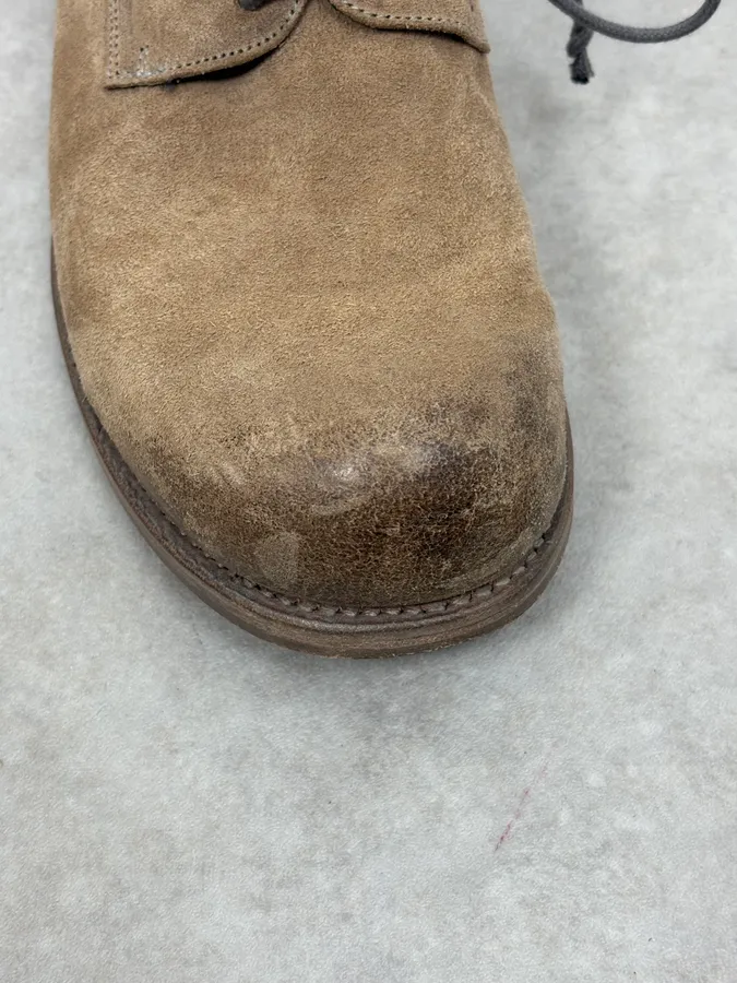 The Last Conspiracy Beige Suede Leather Eroded Derby Shoes - Image 9
