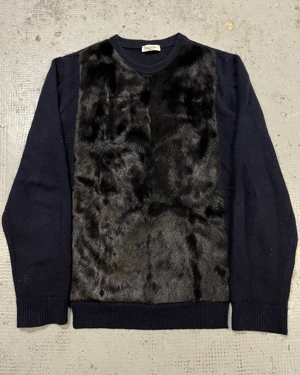 Valentino Navy Cashmere  & Black Fur Sweater