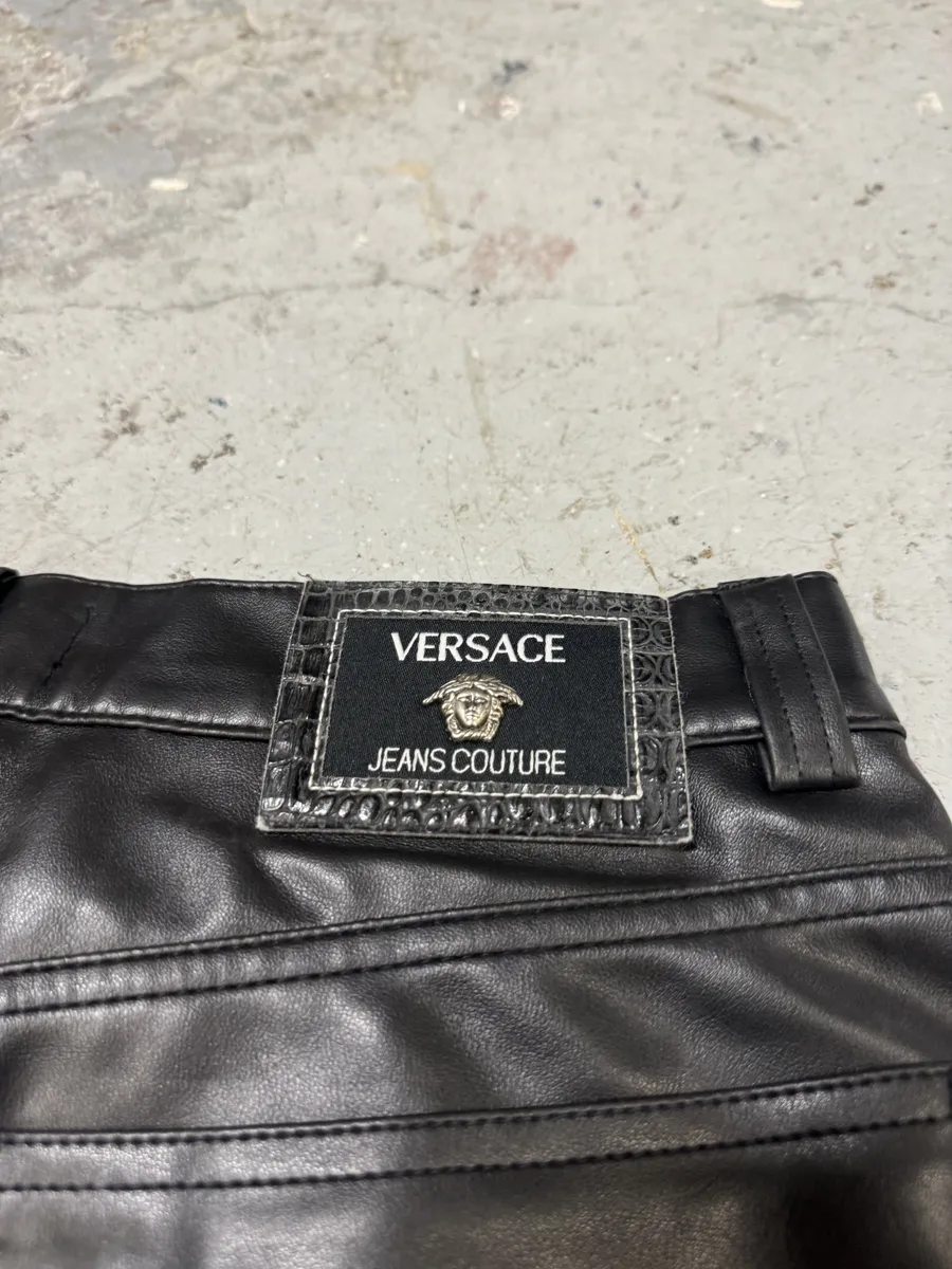 Versace Black Eco Leather Matrix Pants - Image 10