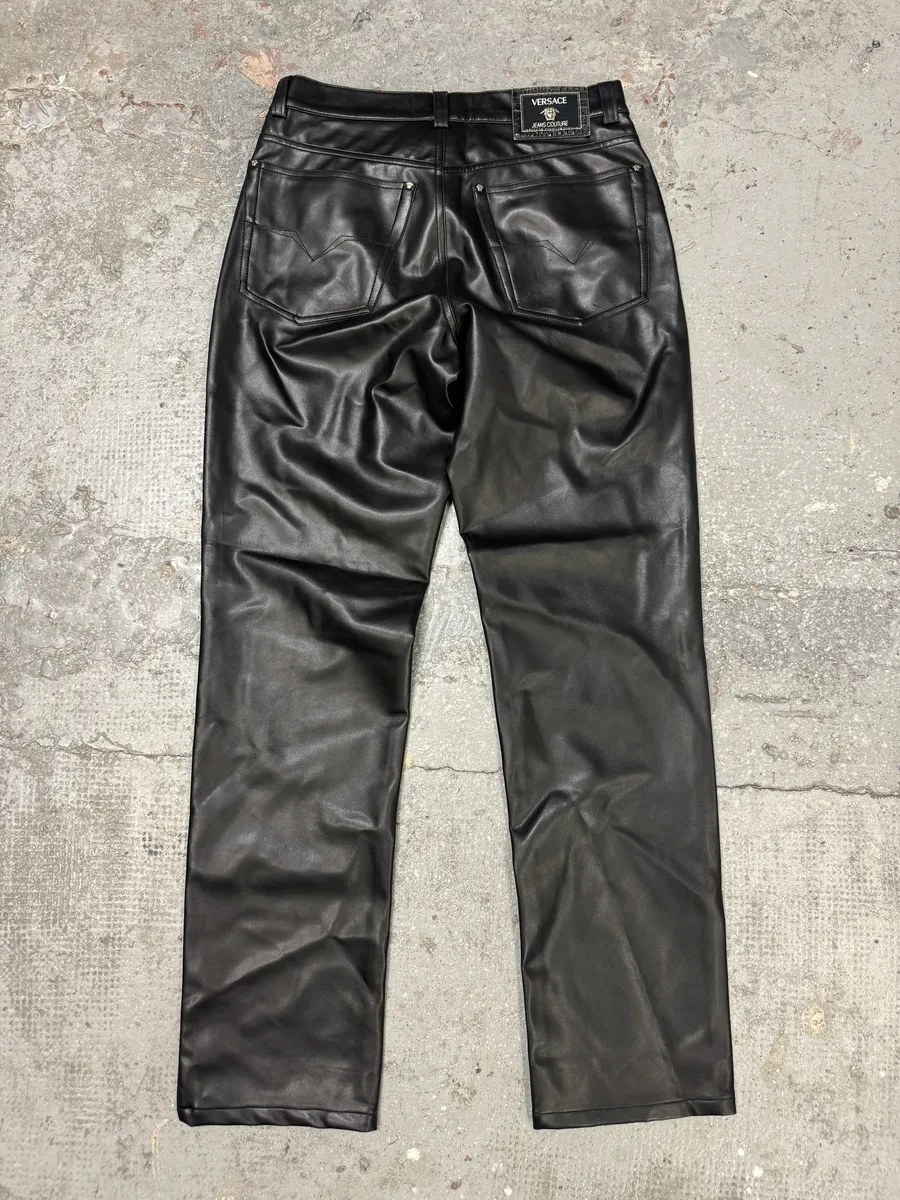Versace Black Eco Leather Matrix Pants - Image 2