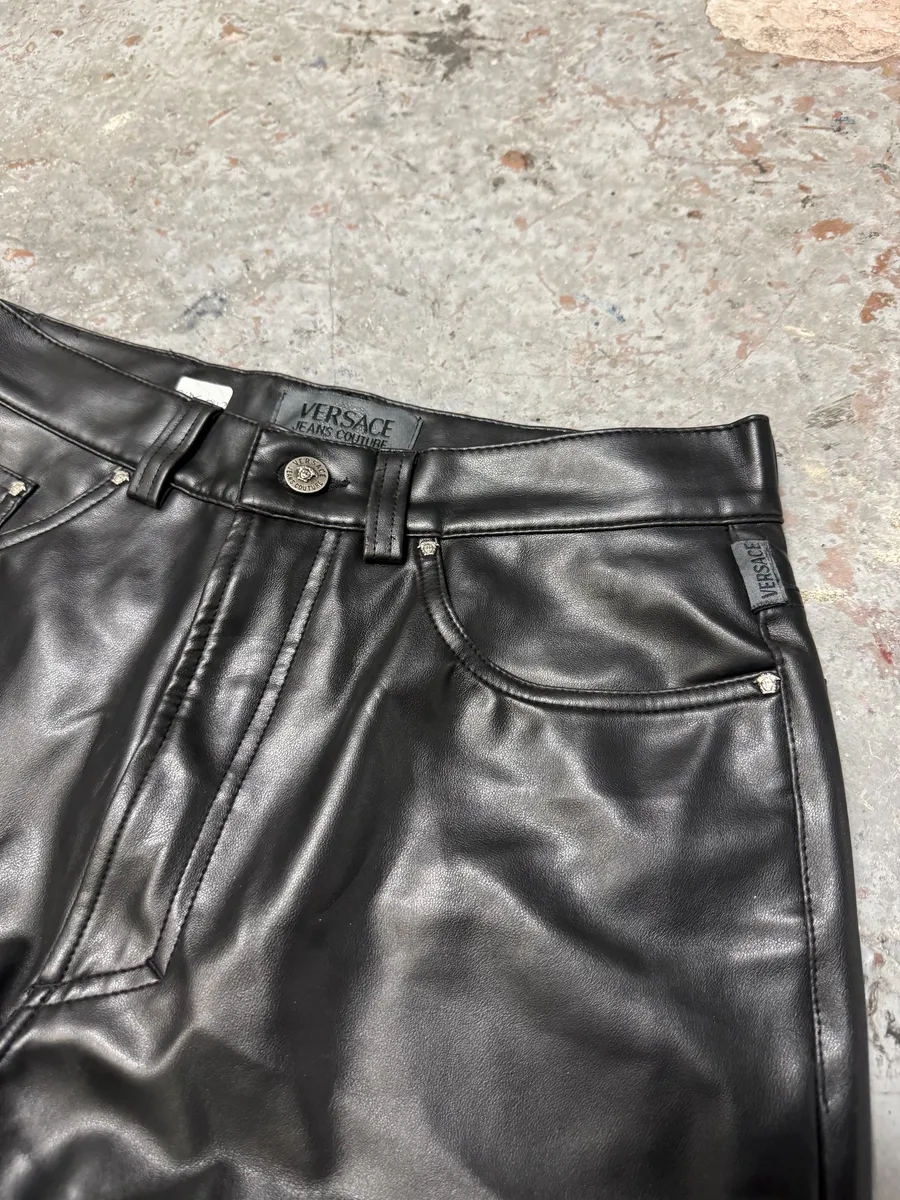 Versace Black Eco Leather Matrix Pants - Image 6